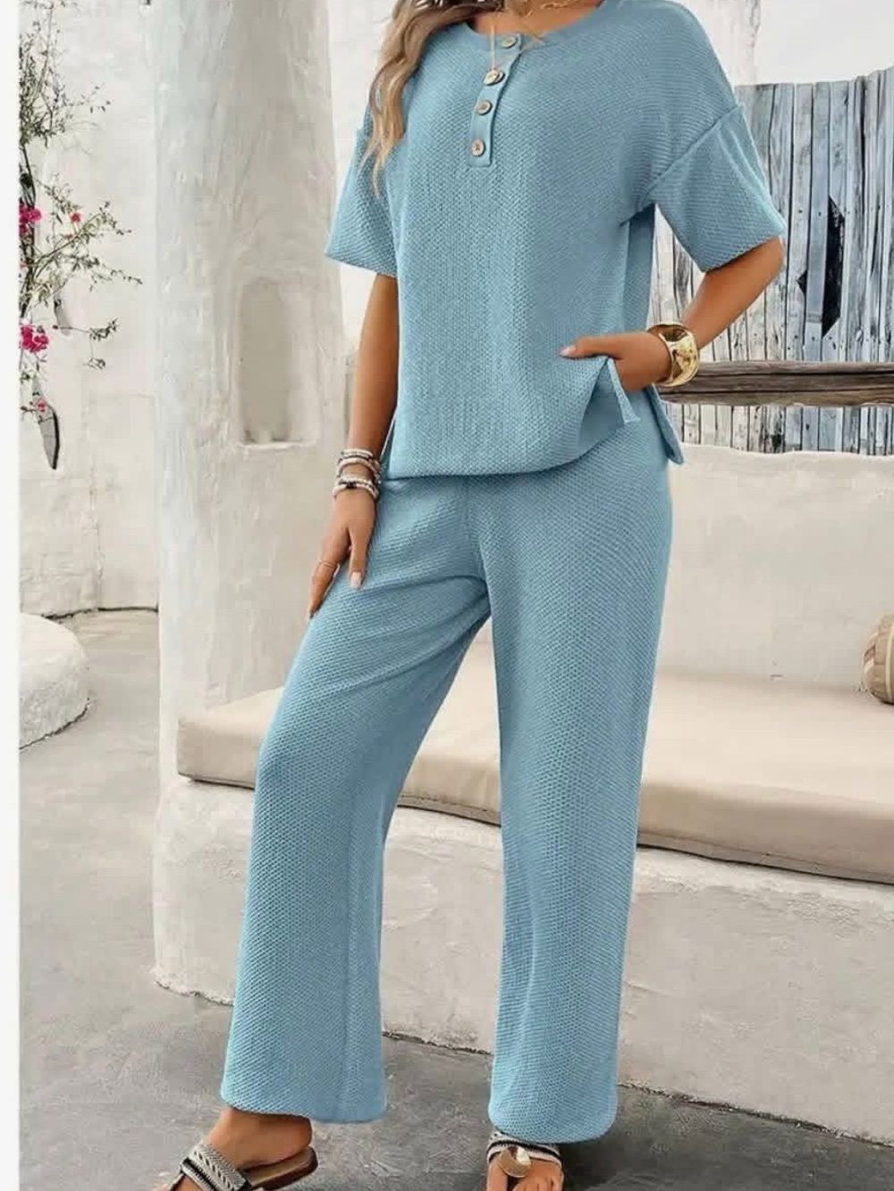 Relaxed Wide-Leg Knit Jumpsuit - Light Blue
